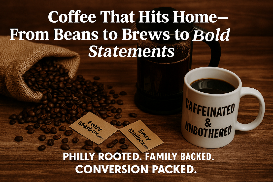 Rustic coffee setup featuring dark roast beans, French press, and custom mug with ‘Caffeinated & Unbothered’ print—EveryMailbox.shop branding and Philly-rooted tagline included.