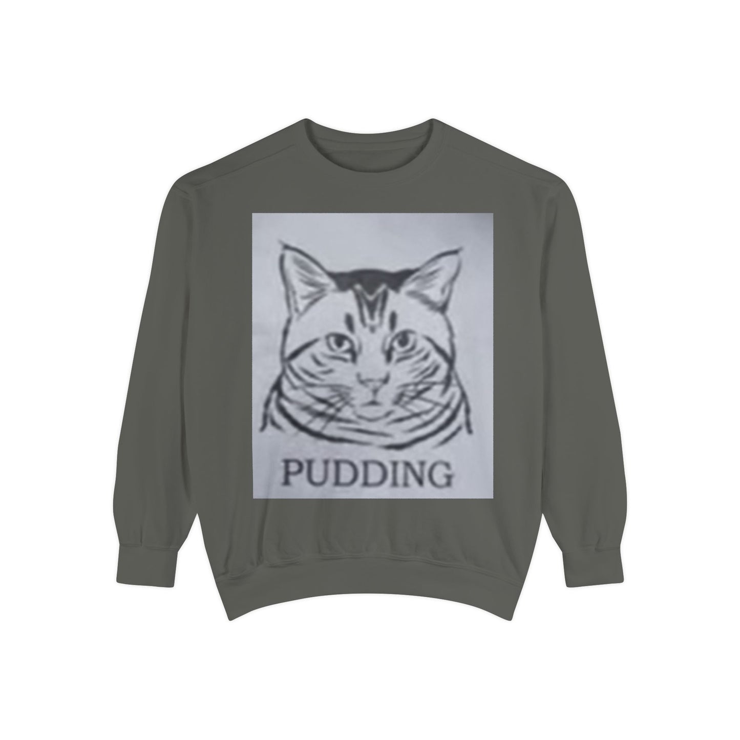 “Adorable cat lounging in a pudding cup design on a cozy sweatshirt – perfect gift for feline fans