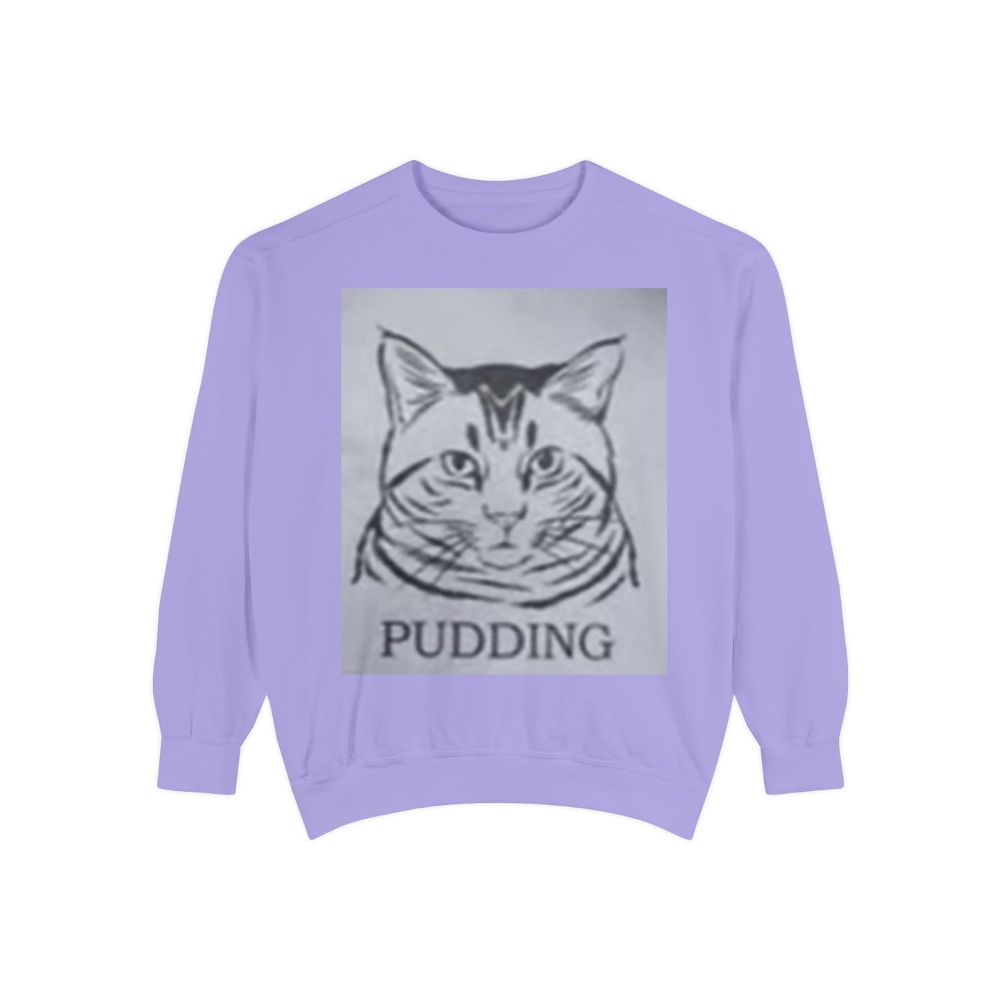 Whimsical pudding cat print on soft unisex sweatshirt – cozy wear for kitty enthusiasts