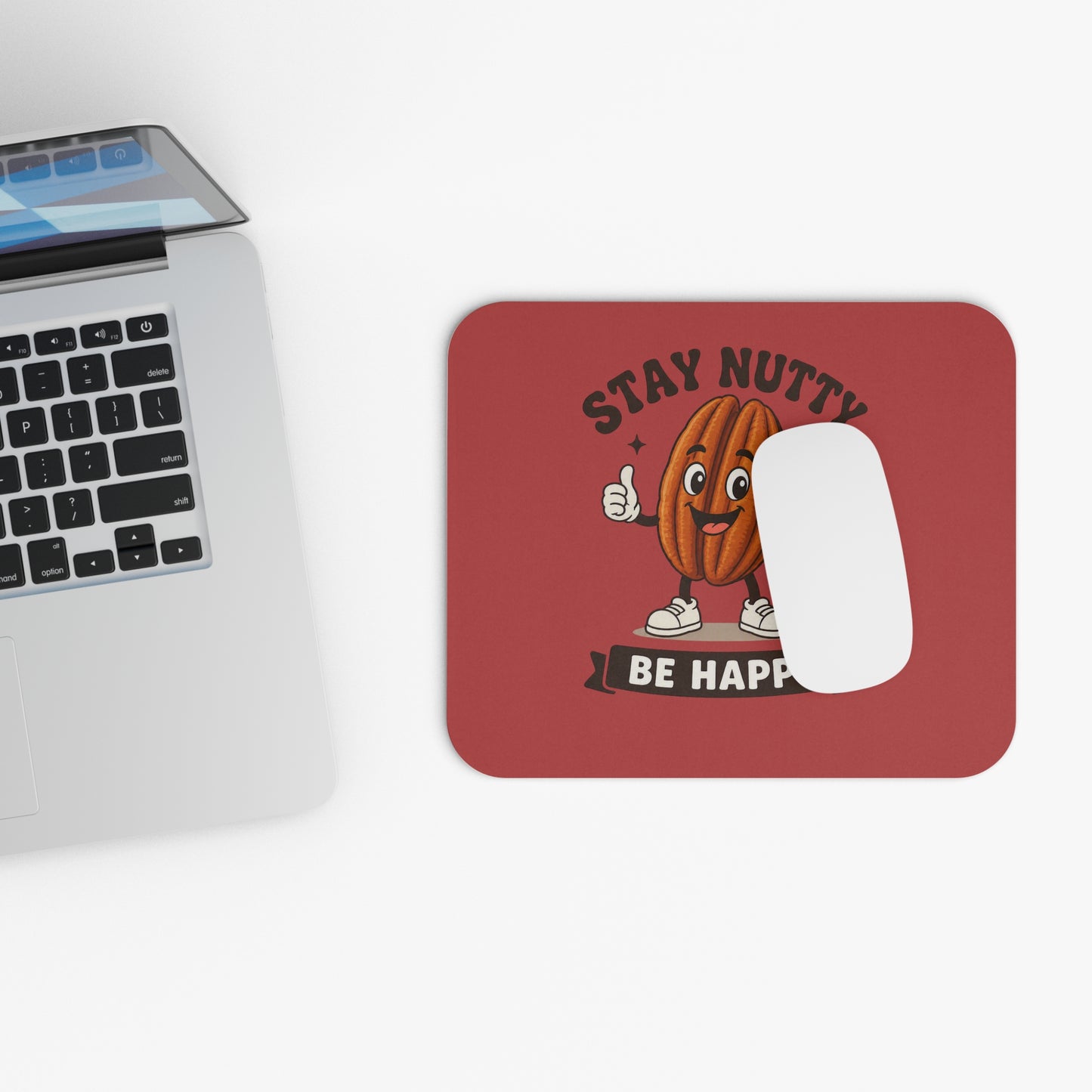 Stay Nutty Be Happy Mouse Pad — Funny Retro Pecan Desk Mat for Office & Gifts