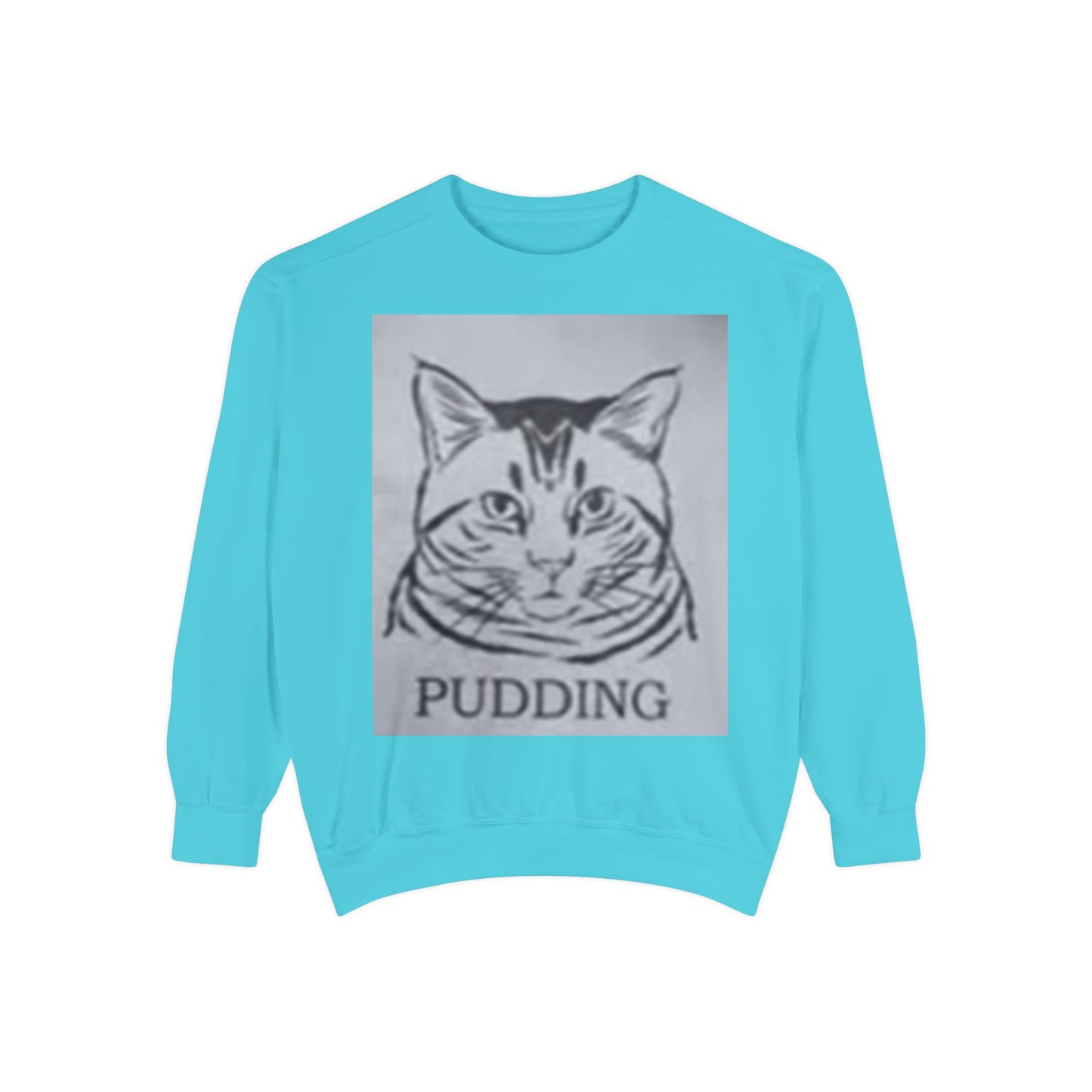 Funny cat curled up in dessert artwork – snuggly sweatshirt ideal for gifting
