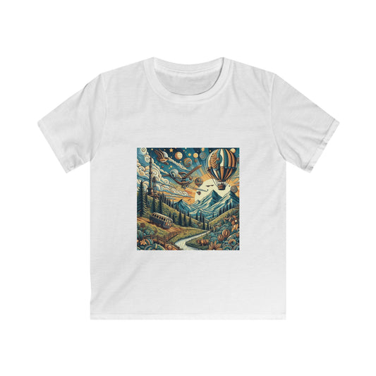 Adventure Awaits Kids Softstyle Tee with Mountain and Hot Air Balloon Design