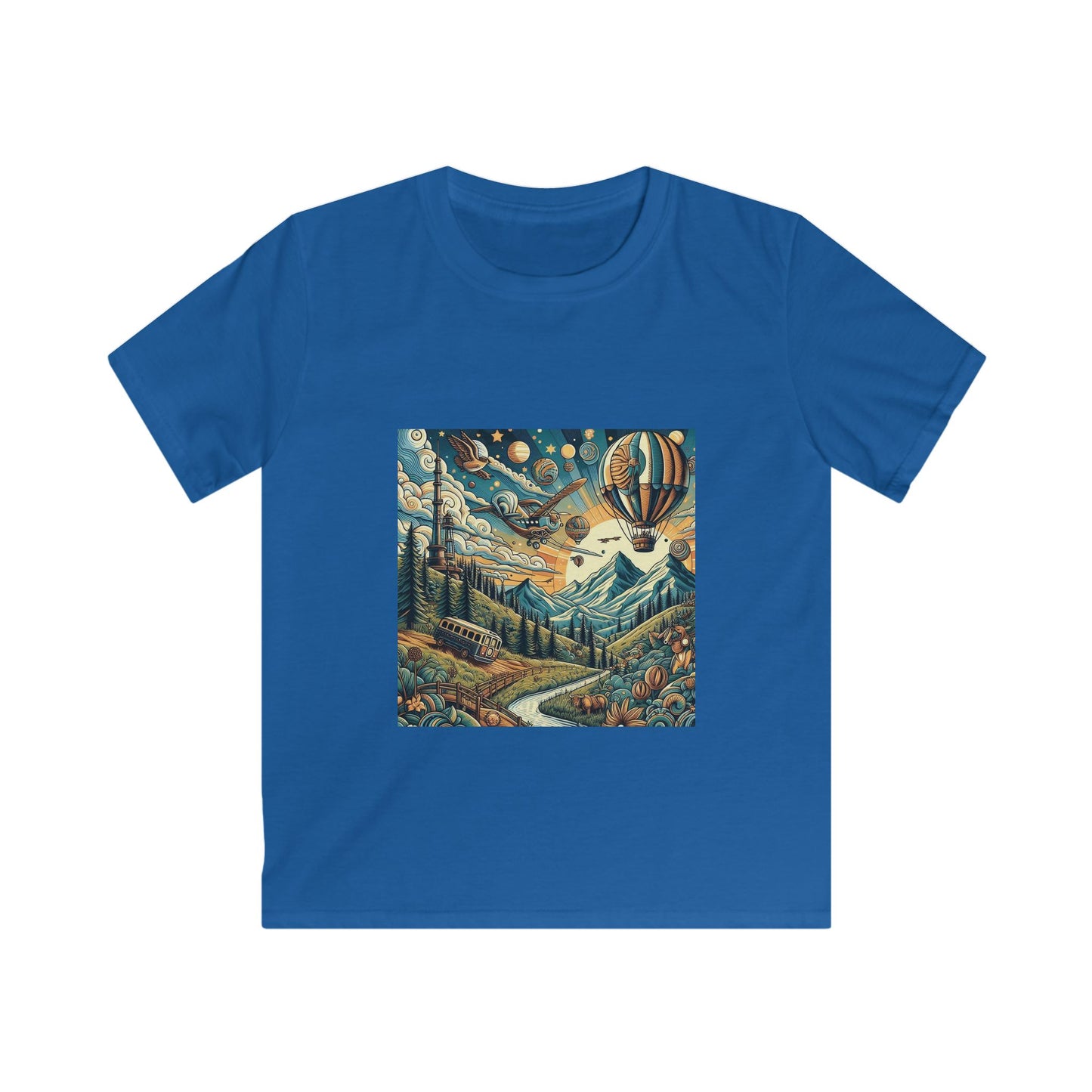 Adventure Awaits Kids Softstyle Tee with Mountain and Hot Air Balloon Design
