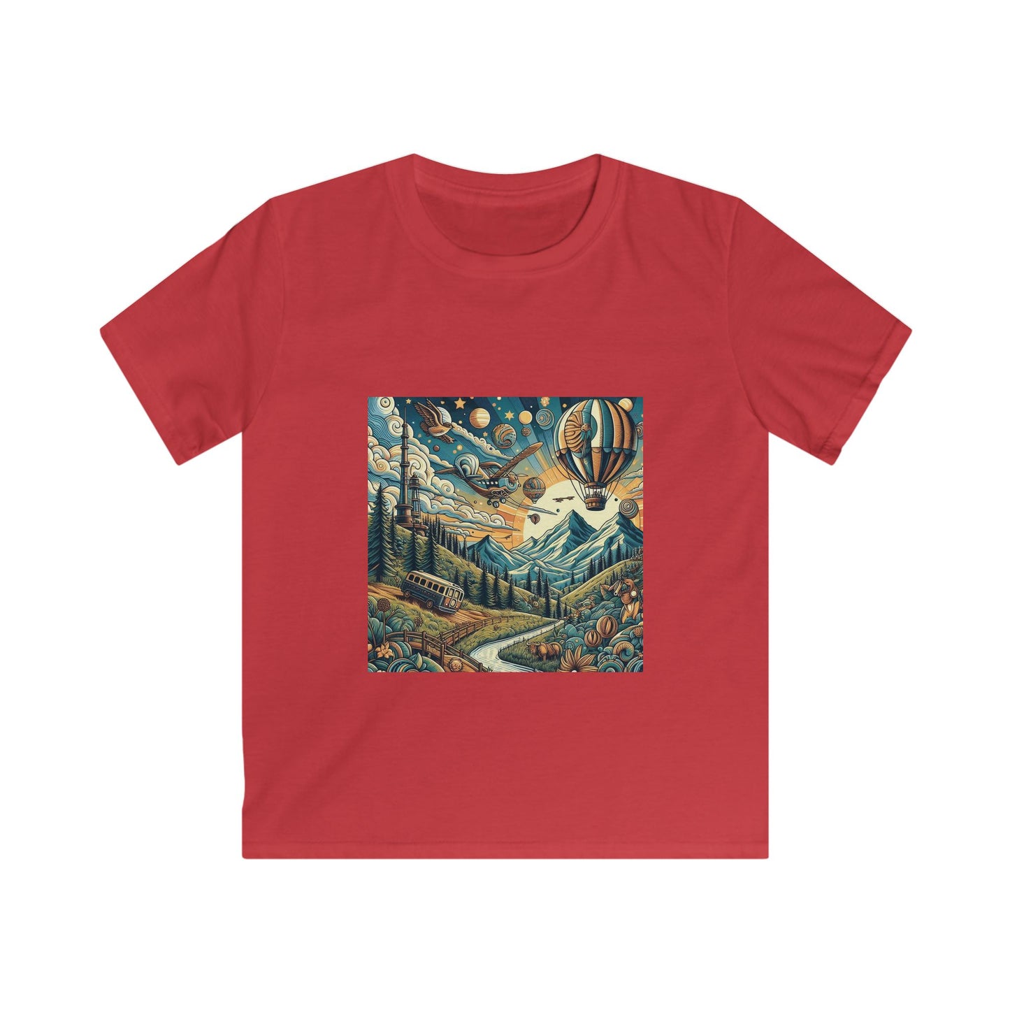 Adventure Awaits Kids Softstyle Tee with Mountain and Hot Air Balloon Design