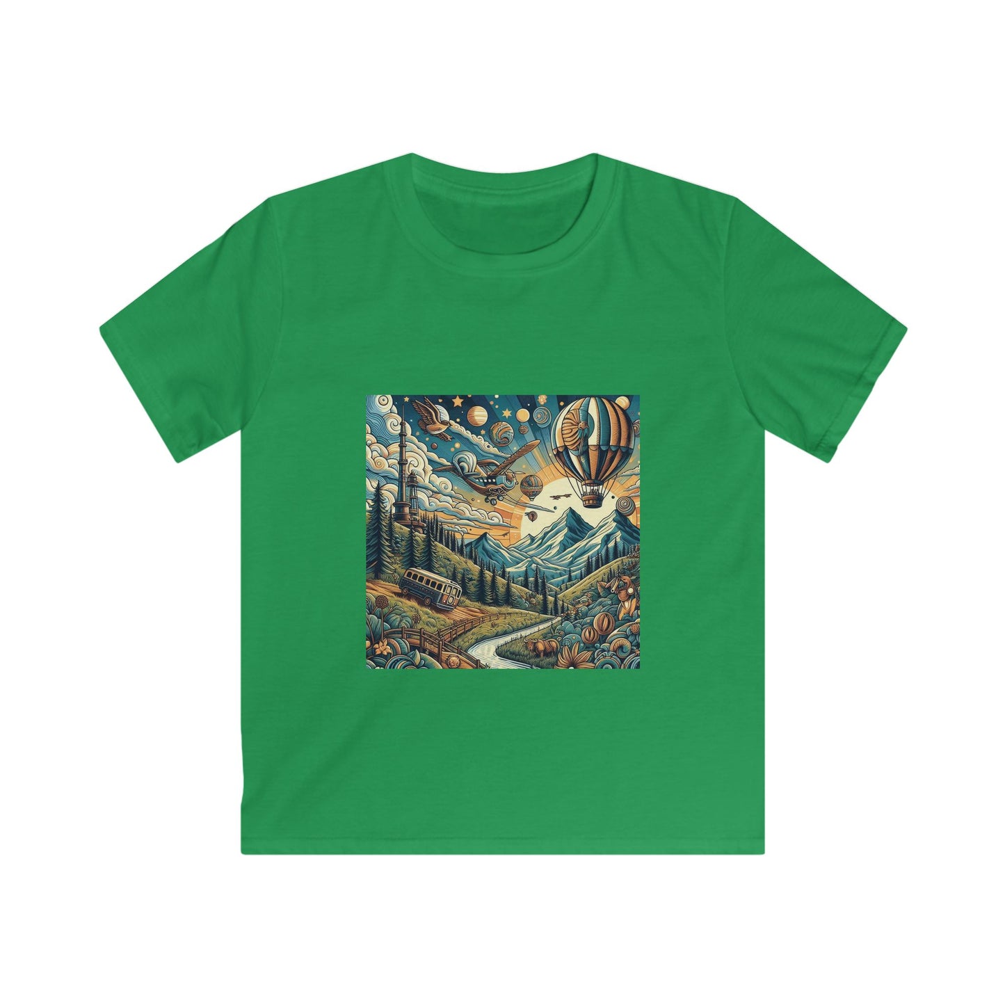 Adventure Awaits Kids Softstyle Tee with Mountain and Hot Air Balloon Design