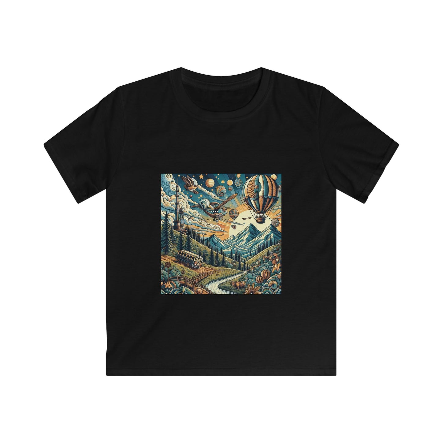 Adventure Awaits Kids Softstyle Tee with Mountain and Hot Air Balloon Design