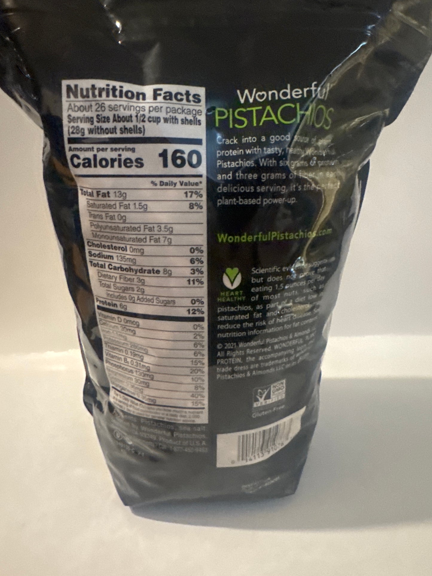 EveryMailBox Wonderful pistachios bag with nutrition facts label roasted salted pistachios bulk