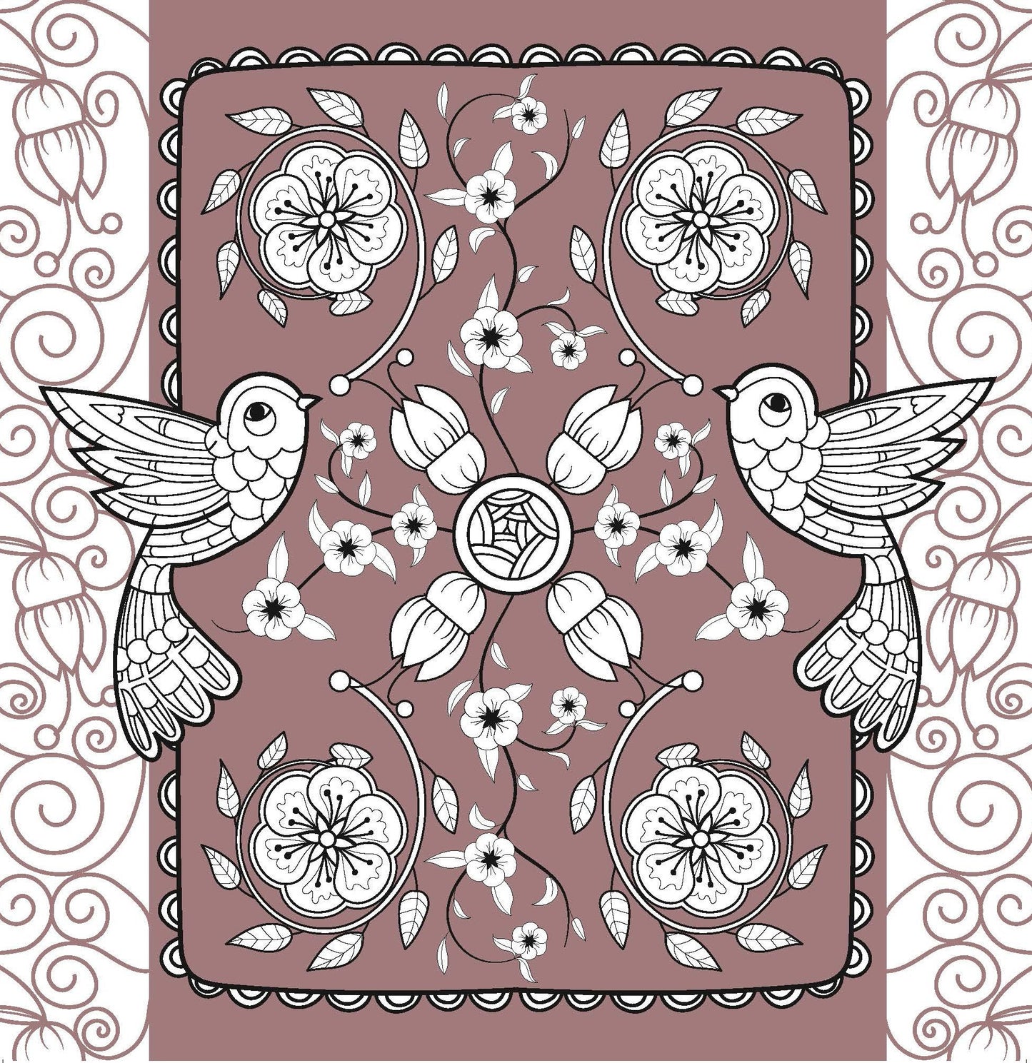 Intricate floral and bird design in black and white on a muted background from an adult flower coloring book
