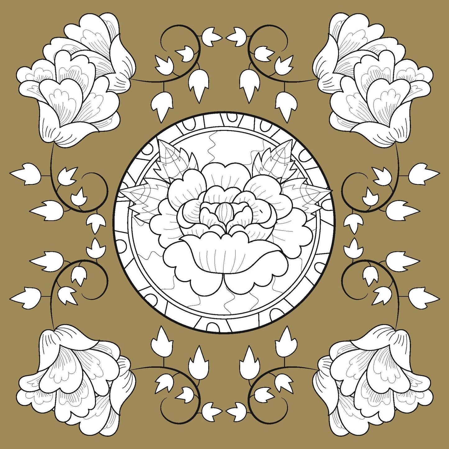Intricate floral design from an adult flower coloring book by EveryMailBox with detailed petals and leaves