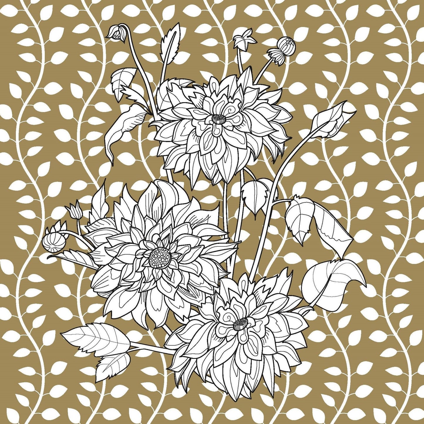 Intricate black and white floral design on patterned background from an adult flower coloring book
