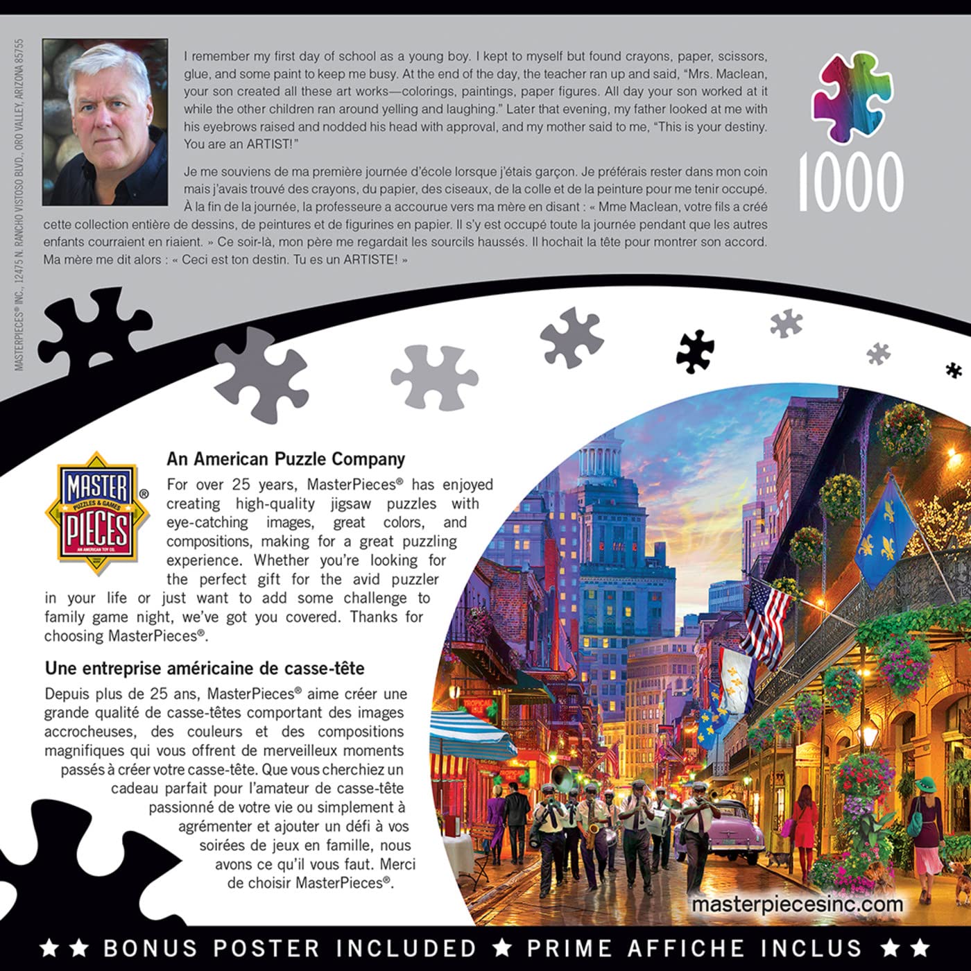 EveryMailBox 1000 piece jigsaw puzzle box featuring a colorful city street evening scene with people walking