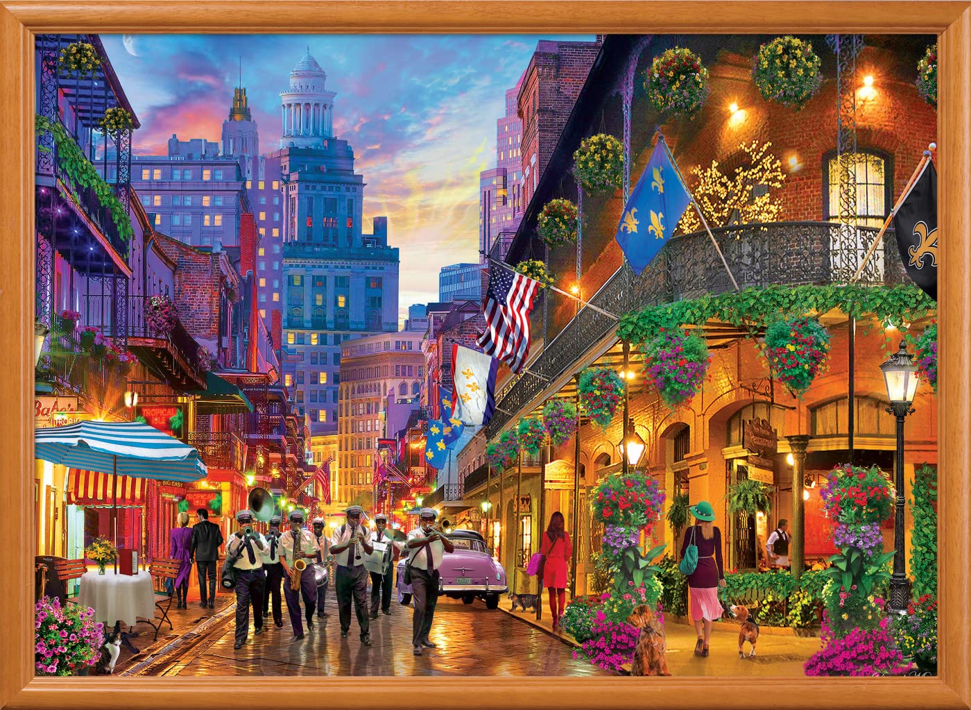 EveryMailBox 1000 piece jigsaw puzzle featuring a vibrant city street scene with a marching band and colorful buildings