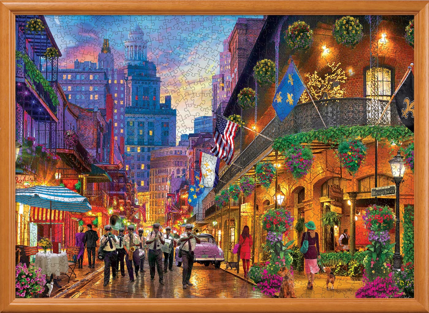 1000 piece jigsaw puzzle featuring a vibrant city street scene with musicians and illuminated buildings