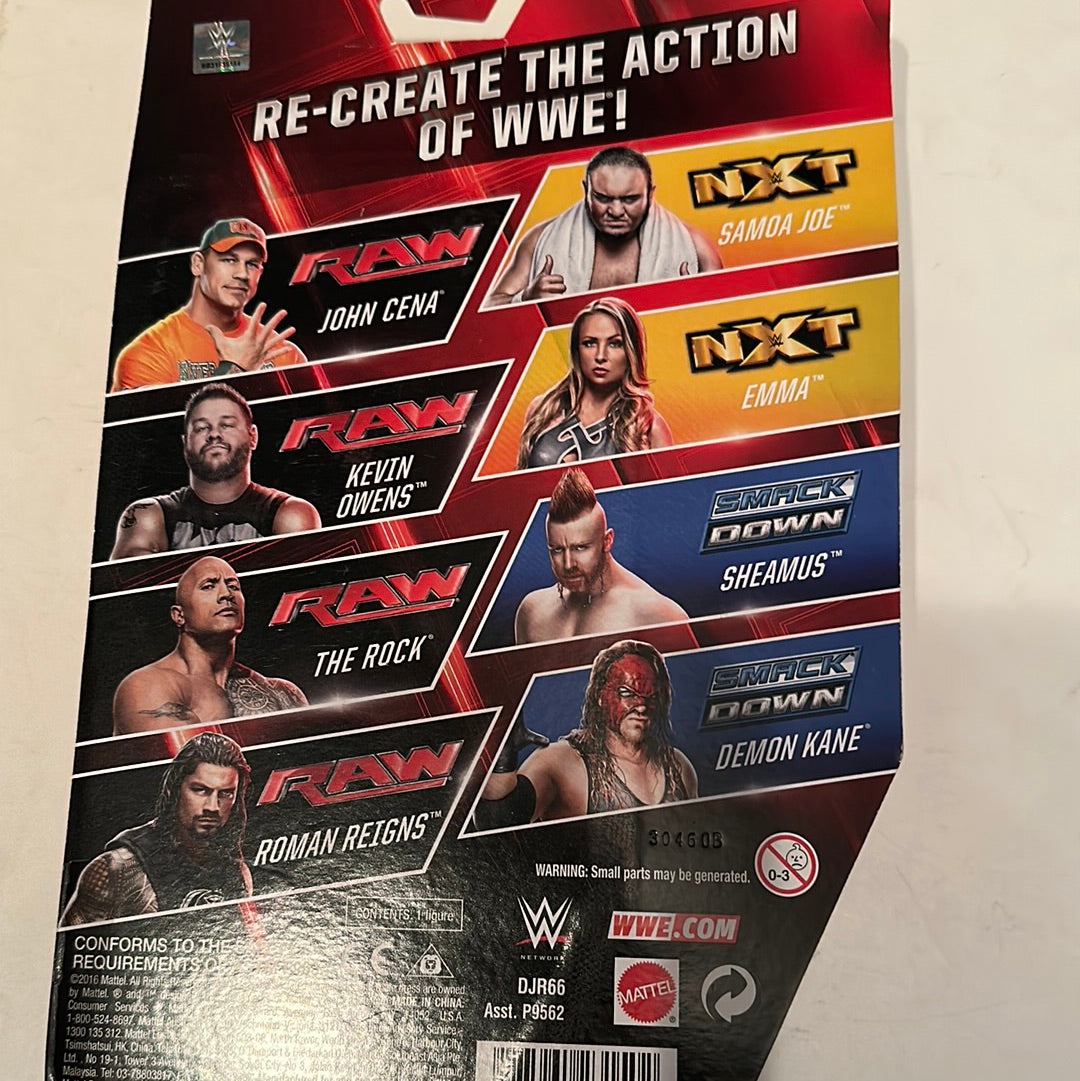 Back of WWE Samoa Joe action figure packaging showing WWE RAW and SmackDown wrestler images and branding