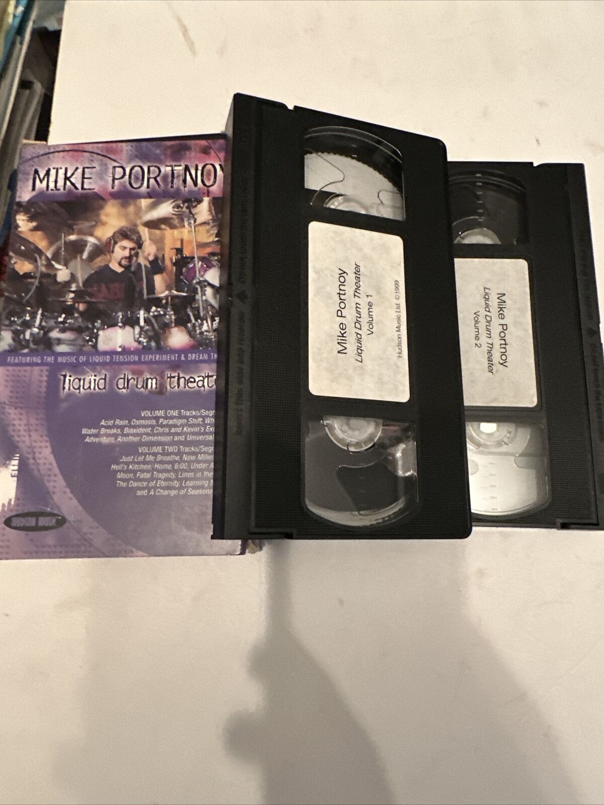 Mike Portnoy Liquid Drum Theater VHS two labeled VHS tapes with original cover showing Mike Portnoy at drum kit