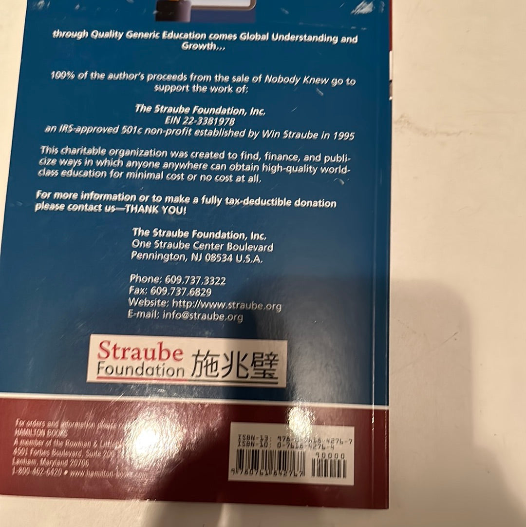 Back cover of Nobody Knew book showing Straube Foundation information and ISBN barcode