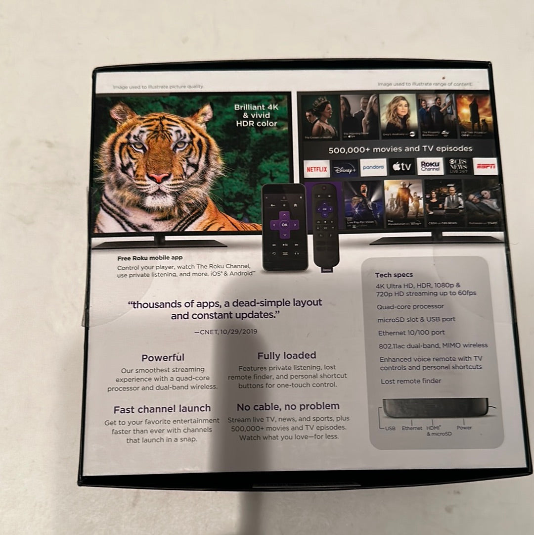 EveryMailBox Roku Ultra streaming player box showcasing 4K HDR color, remote controls, and tech specs on the back