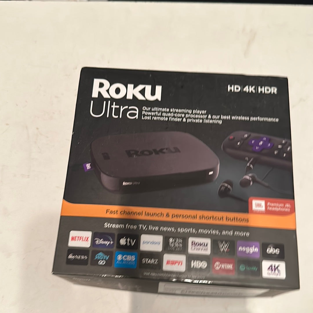 EveryMailBox Roku Ultra streaming player box showing device, remote with earphones, and streaming service logos