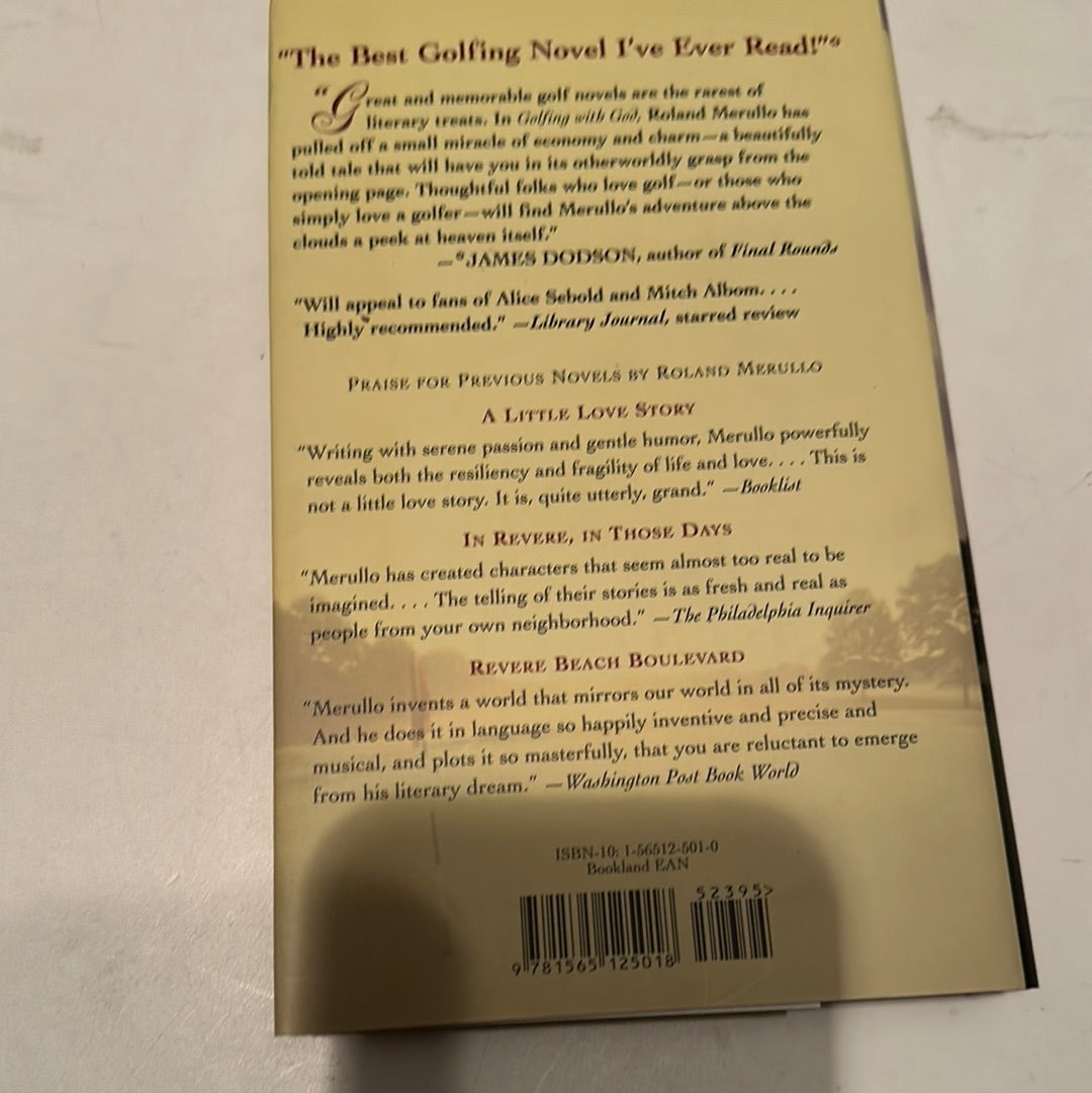 Back cover of a Roland Merullo novel for golfers featuring reviews and praise from various authors and publications