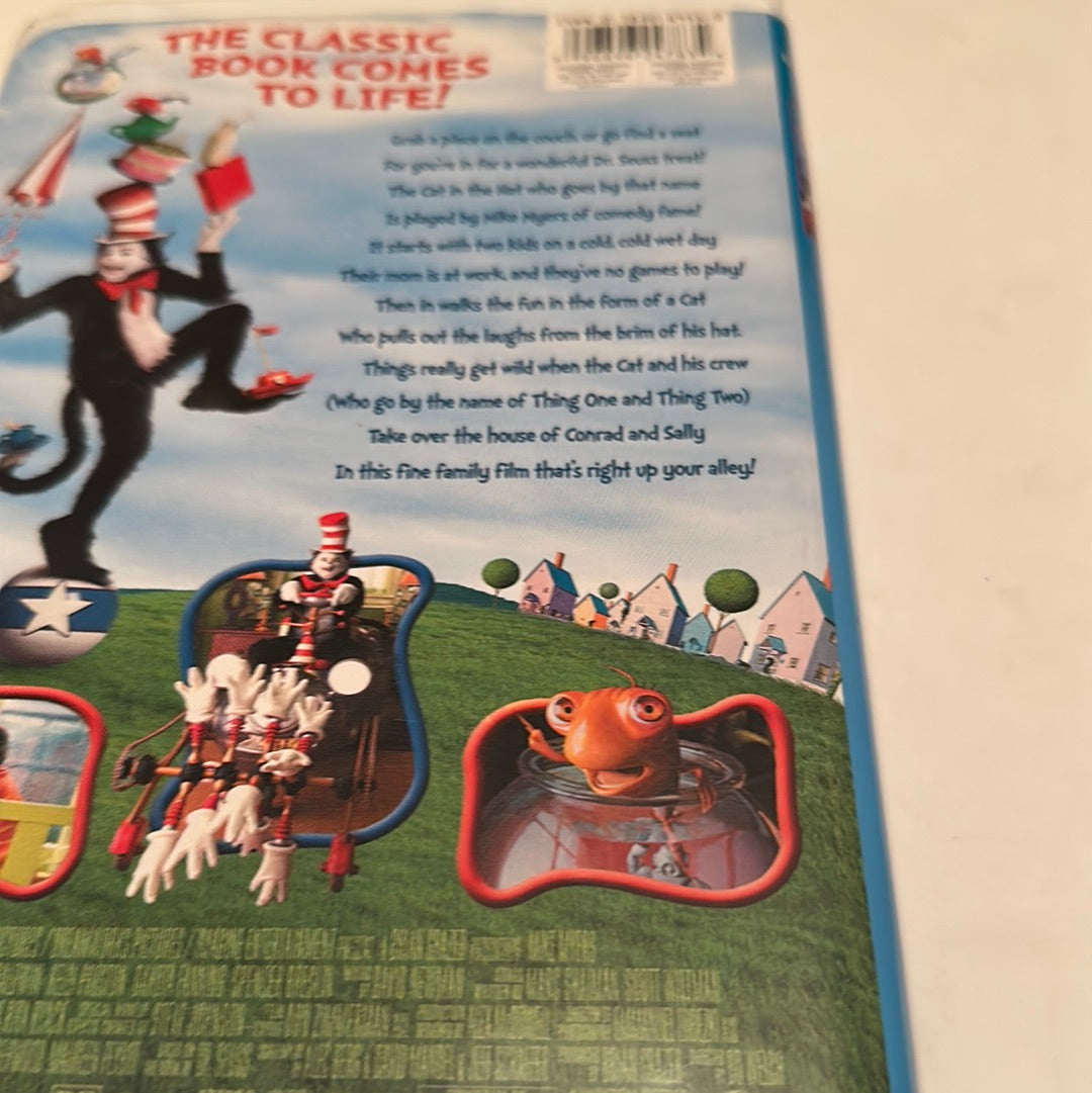 Back cover of The Cat in the Hat VHS tape by EveryMailBox featuring classic story illustrations and characters