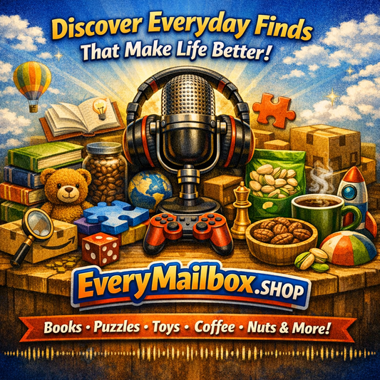 “In‑blog banner for EveryMailbox.Shop showing books, puzzles, toys, coffee, pistachios, and pecans on a wooden table with bright sky background and EveryMailbox.Shop logo.”
