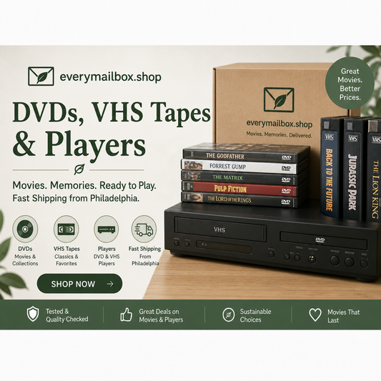DVDs, VHS tapes, and DVD/VHS players available at EveryMailBox — fast shipping from Philadelphia.