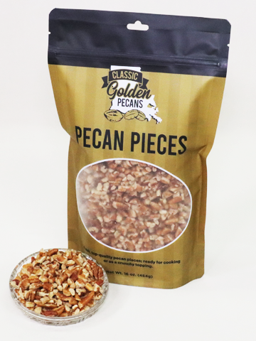 Bag of classic golden pecan pieces with a bowl of pecans