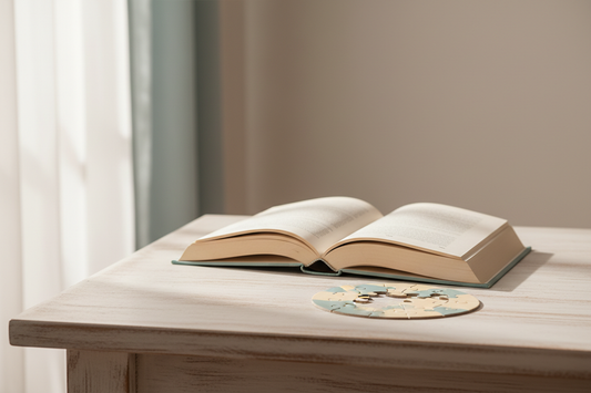 Calm reading and puzzle scene with an open book and connected jigsaw pieces in soft neutral colors