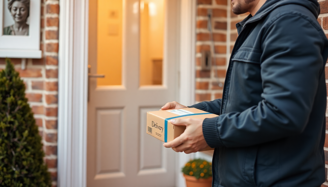 Delivery person handing package at a doorstep