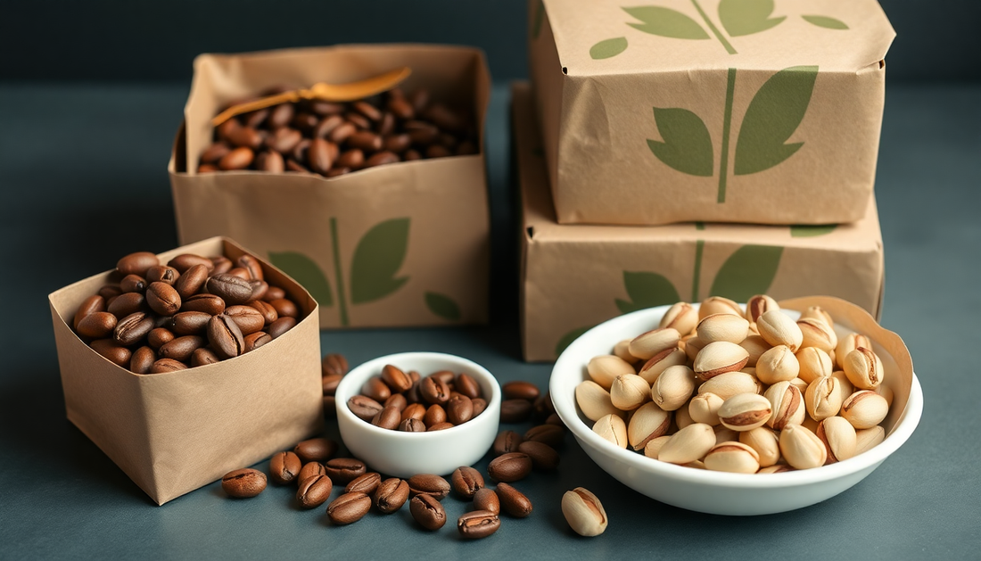 Fresh coffee beans and pistachios with delivery boxes