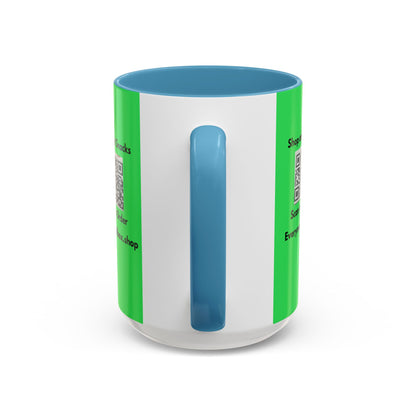 Accent Coffee Mug — 'Shop and Snacks' QR Code Promotional Coffee Mug (11/15 oz)