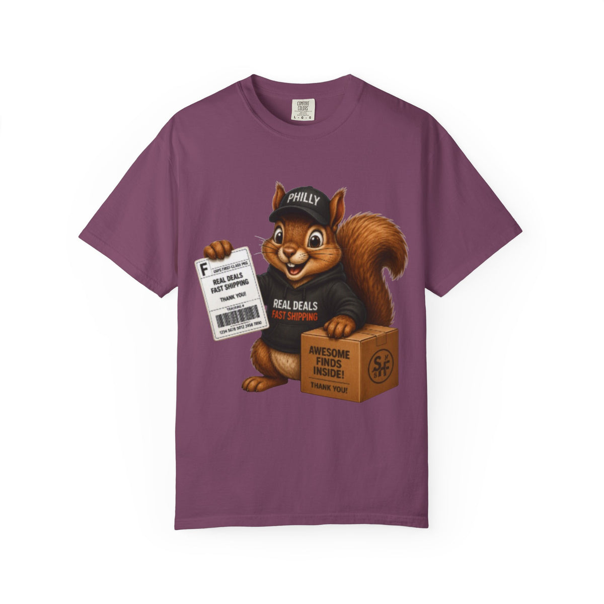 Delivery Squirrel T-Shirt — Cute Parcel Mascot Tee with 'Real Deals' Box