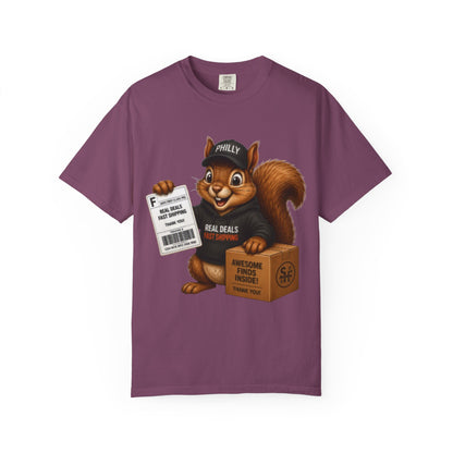 Delivery Squirrel T-Shirt — Cute Parcel Mascot Tee with 'Real Deals' Box