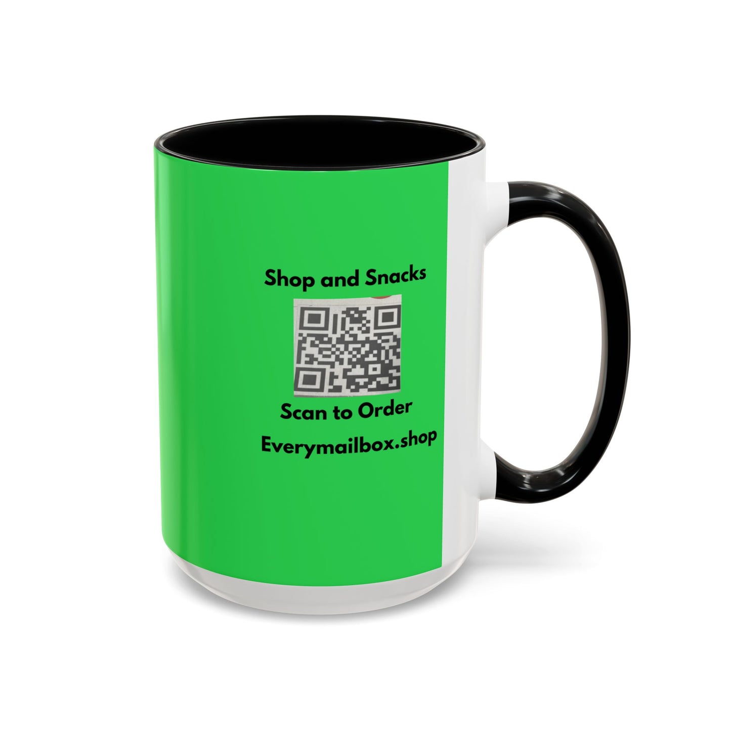 Accent Coffee Mug — 'Shop and Snacks' QR Code Promotional Coffee Mug (11/15 oz)