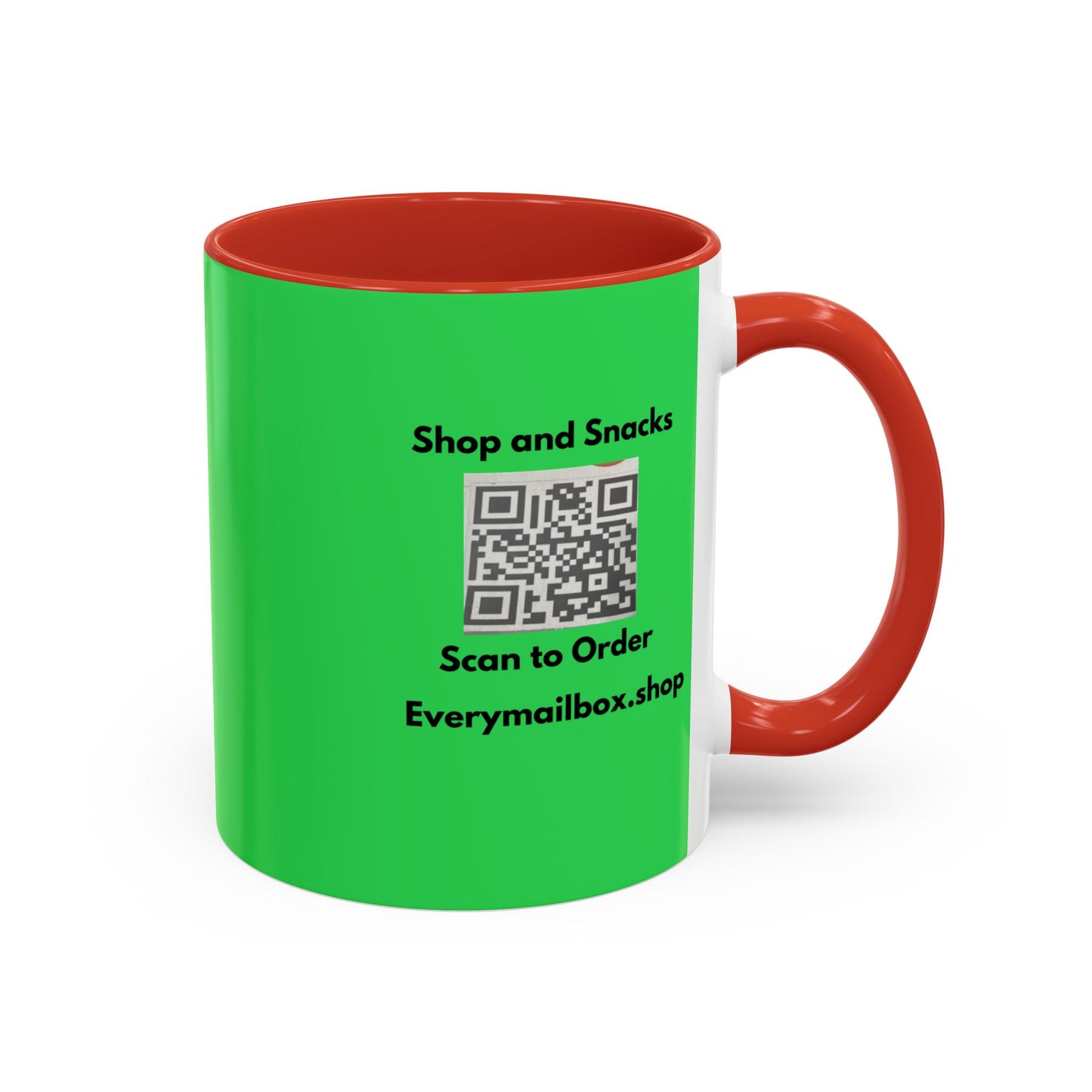 Accent Coffee Mug — 'Shop and Snacks' QR Code Promotional Coffee Mug (11/15 oz)
