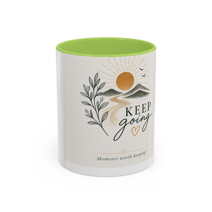 Keep Going Accent Coffee Mug — Inspirational Morning Mug with Sun & Mountains Design (11/15 oz)