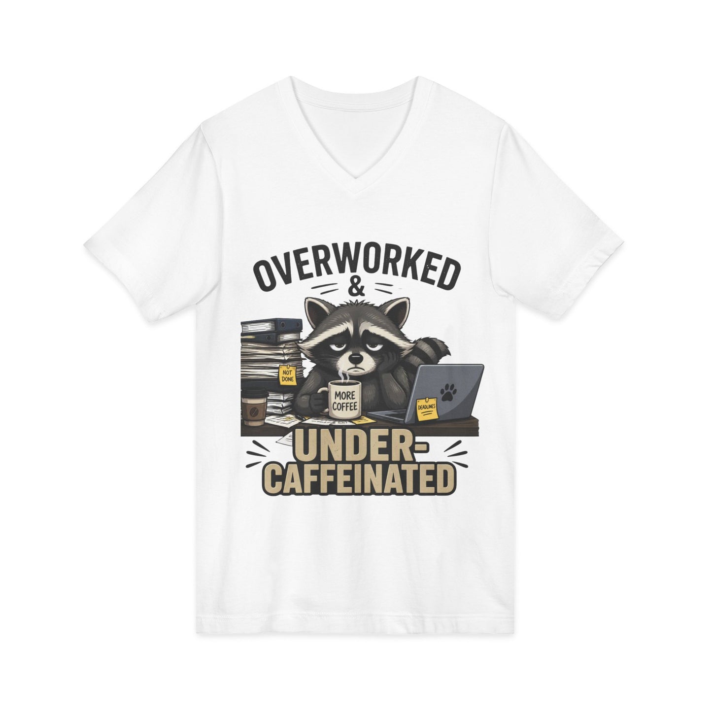 Overworked & Under-Caffeinated V-Neck Tee – Cute Raccoon Coffee Shirt