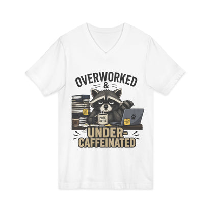 Overworked & Under-Caffeinated V-Neck Tee – Cute Raccoon Coffee Shirt