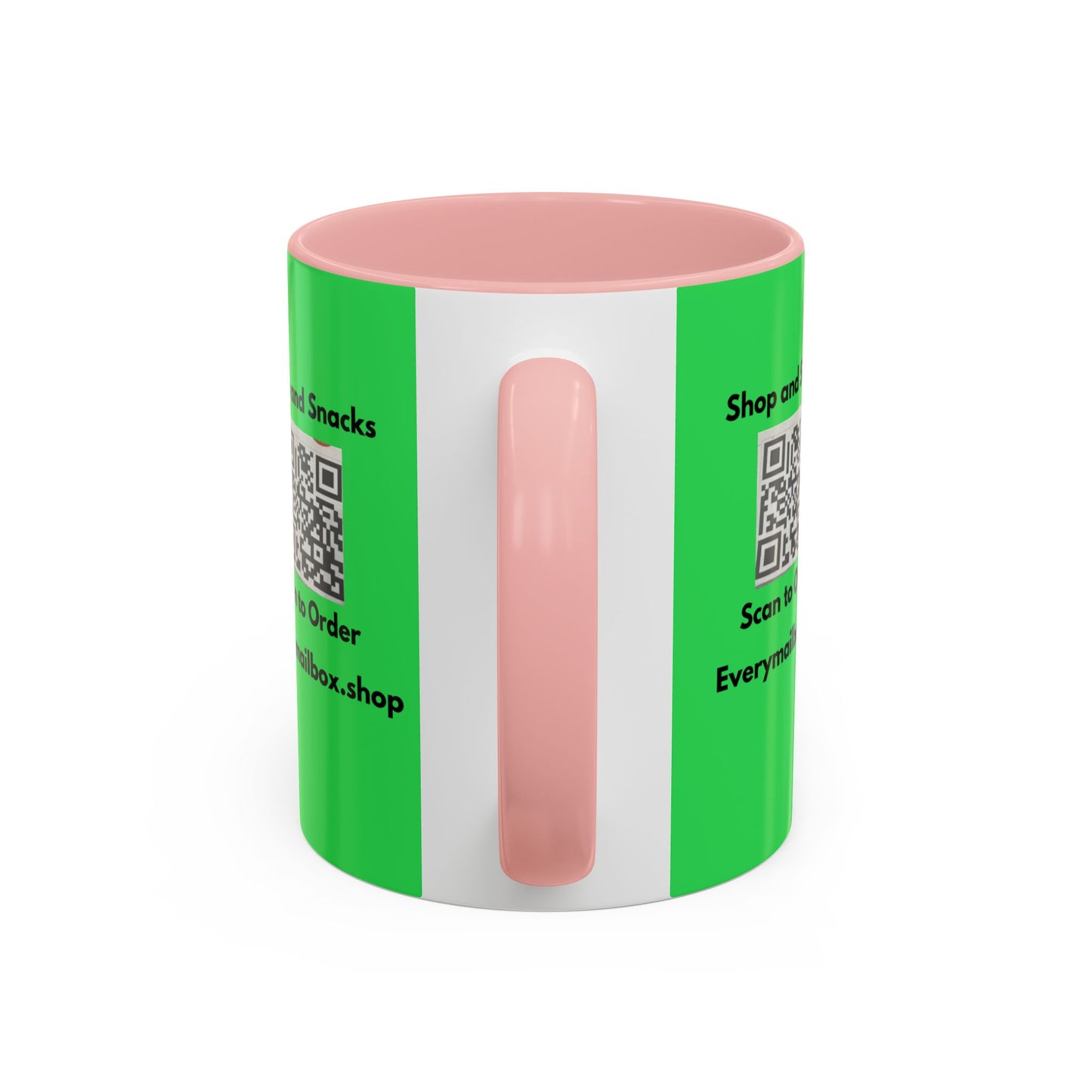 Accent Coffee Mug — 'Shop and Snacks' QR Code Promotional Coffee Mug (11/15 oz)