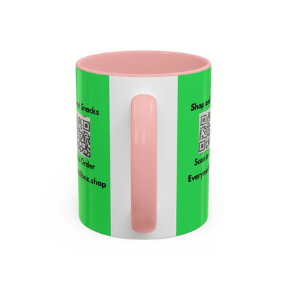 Accent Coffee Mug — 'Shop and Snacks' QR Code Promotional Coffee Mug (11/15 oz)