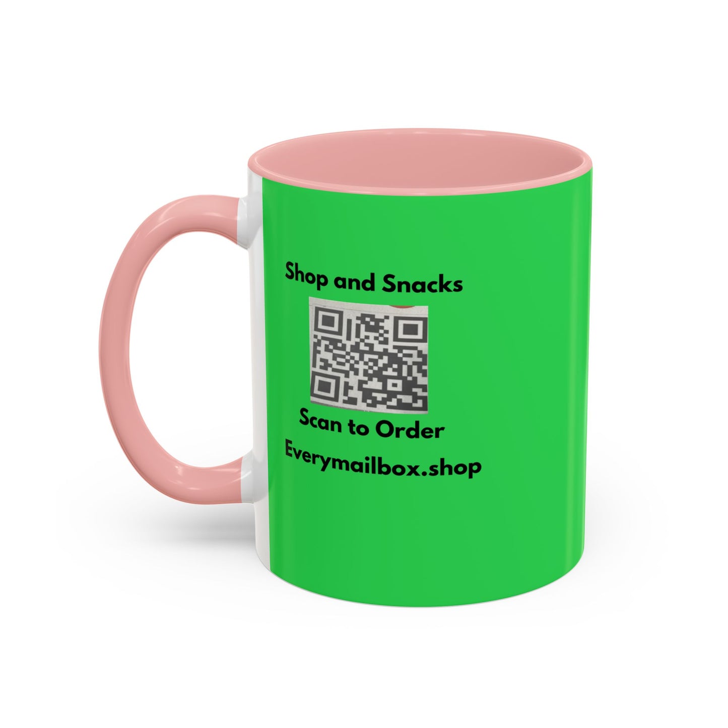 Accent Coffee Mug — 'Shop and Snacks' QR Code Promotional Coffee Mug (11/15 oz)