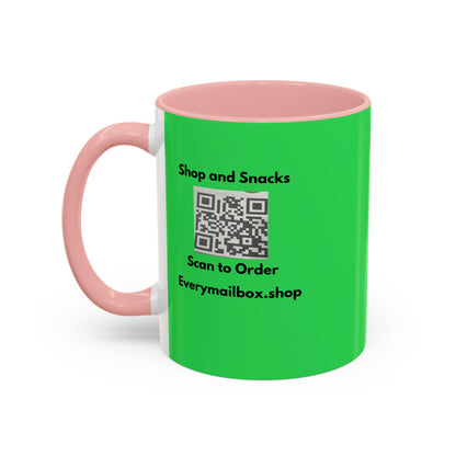 Accent Coffee Mug — 'Shop and Snacks' QR Code Promotional Coffee Mug (11/15 oz)
