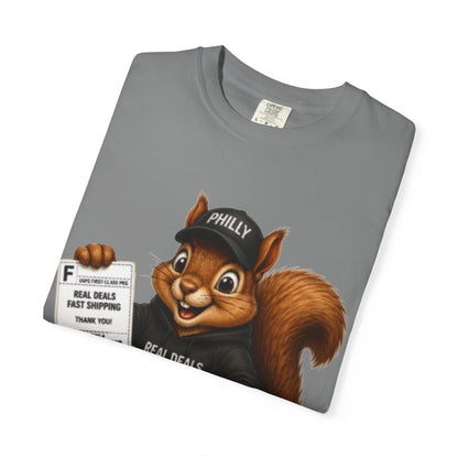 Delivery Squirrel T-Shirt — Cute Parcel Mascot Tee with 'Real Deals' Box