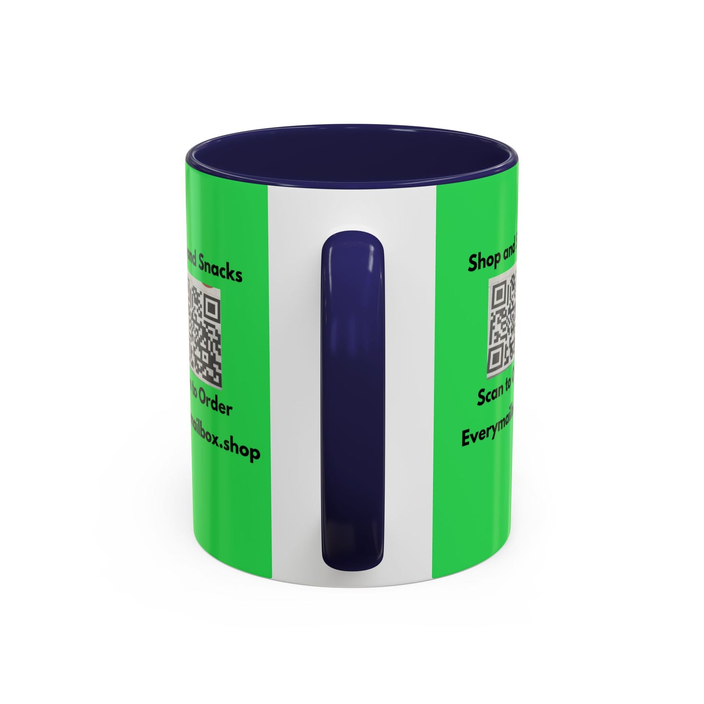 Accent Coffee Mug — 'Shop and Snacks' QR Code Promotional Coffee Mug (11/15 oz)