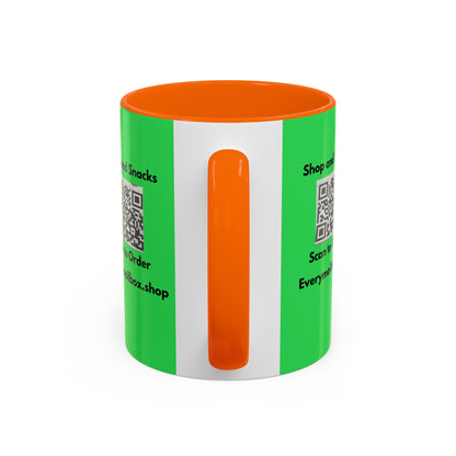 Accent Coffee Mug — 'Shop and Snacks' QR Code Promotional Coffee Mug (11/15 oz)