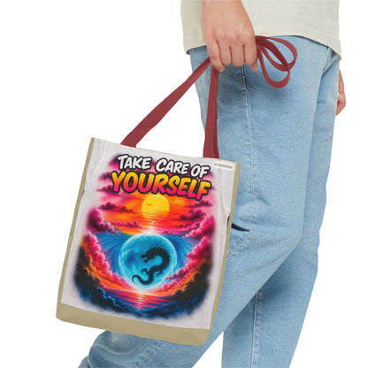 Take Care of Yourself Tote Bag – Sunset Dragon Motivational AOP Beach Tote