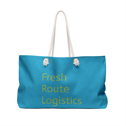 Blue tote bag with 'Fresh Route Logistics' text on a white background