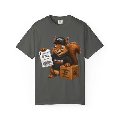 Delivery Squirrel T-Shirt — Cute Parcel Mascot Tee with 'Real Deals' Box