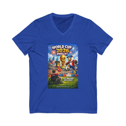 Blue t-shirt with World Cup 2026 Philly! graphic on a white background