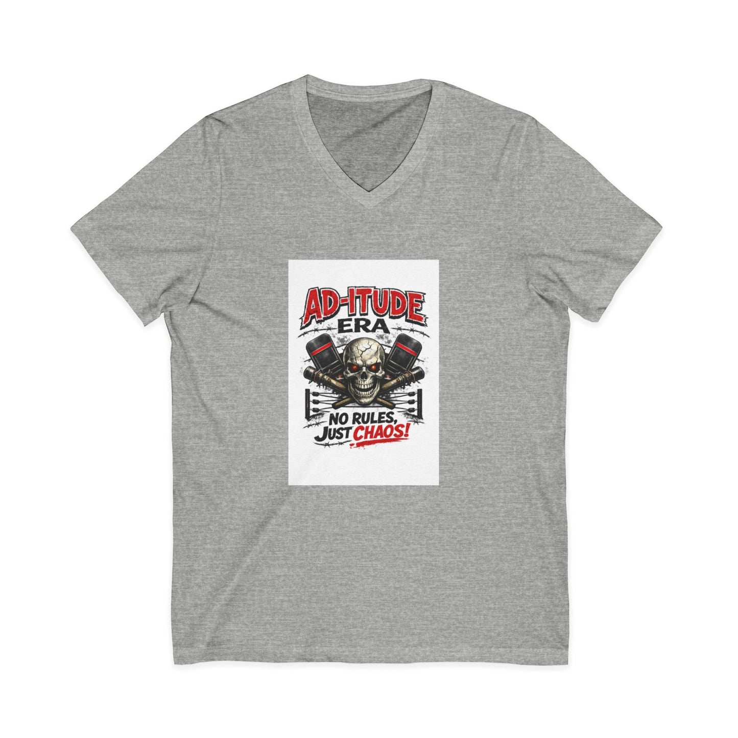 Gray t-shirt with a graphic design featuring a skull and text on a white background